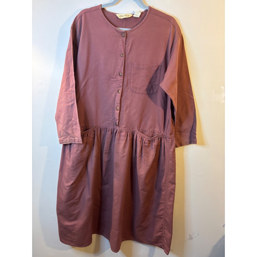 VTG Eddie Bauer Burgundy 100% Cotton Midi Shirt Dress L 90's